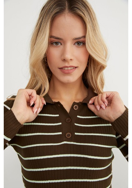 Çizgili Polo Yaka Yarım Düğmeli Triko Kazak fırsatları