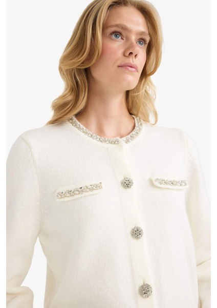 Regular Fit Bisiklet Yaka İşlemeli Triko Hırka F3896AX25WN