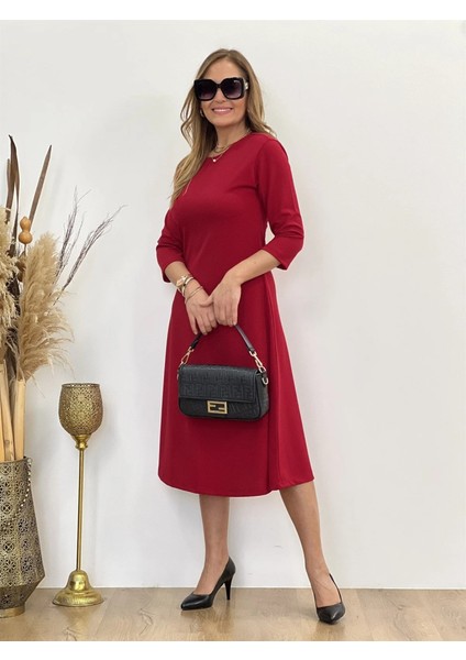 Kadın Uzun Truvakar Kol Bisiklet Yaka Midi Modal Elbise