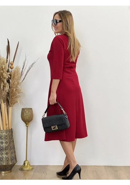 Kadın Uzun Truvakar Kol Bisiklet Yaka Midi Modal Elbise
