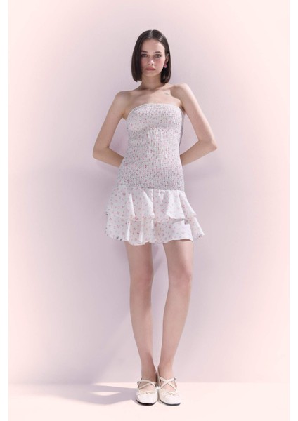 Fitted Straplez Çiçekli Gipeli Mini Yazlık Elbise F5115AX25SM