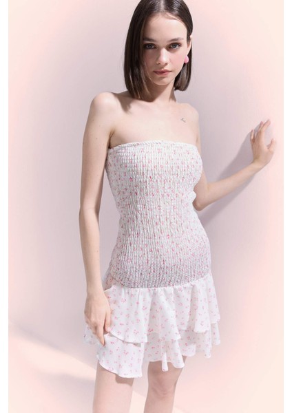 Fitted Straplez Çiçekli Gipeli Mini Yazlık Elbise F5115AX25SM