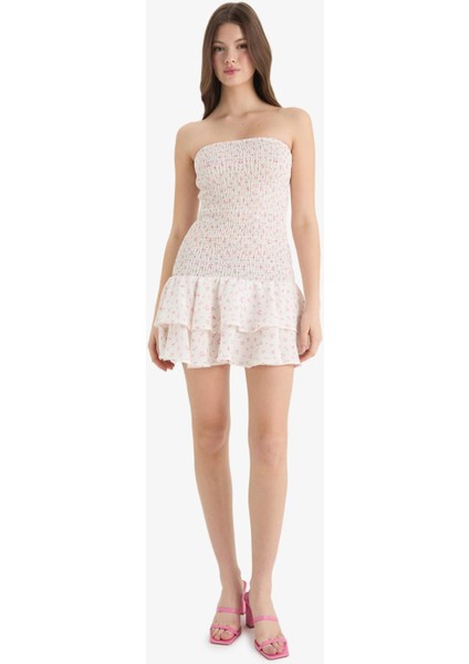 Fitted Straplez Çiçekli Gipeli Mini Yazlık Elbise F5115AX25SM