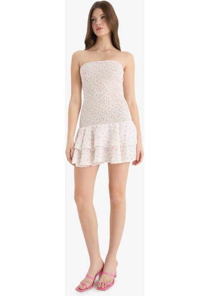 Fitted Straplez Çiçekli Gipeli Mini Yazlık Elbise F5115AX25SM
