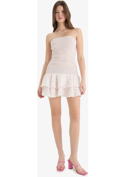 Fitted Straplez Çiçekli Gipeli Mini Yazlık Elbise F5115AX25SM