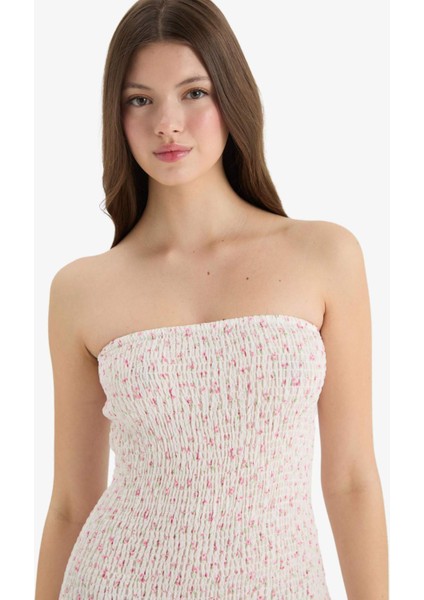 Fitted Straplez Çiçekli Gipeli Mini Yazlık Elbise F5115AX25SM