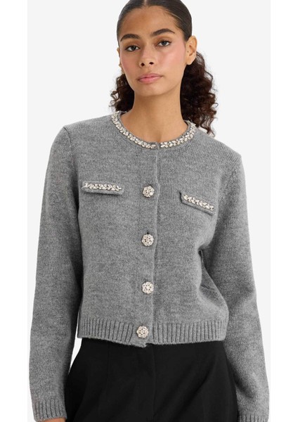 Regular Fit Bisiklet Yaka İşlemeli Triko Hırka F3896AX25WN