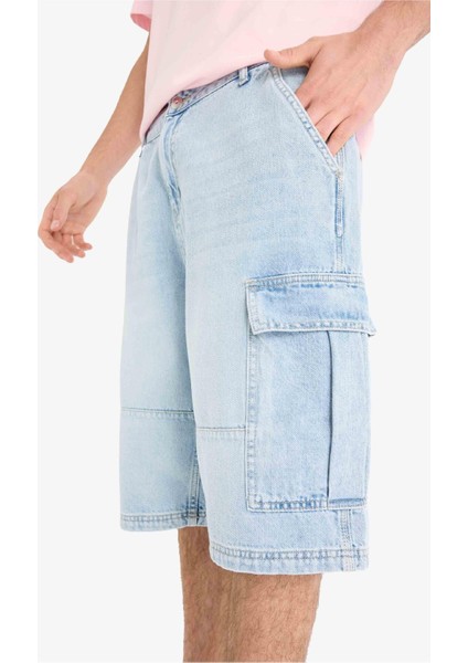 %100 Pamuk Kargo Fit Jean Bermuda Şort F4219AX25SM