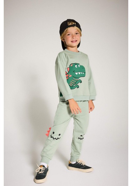 Erkek Bebek 2'li Takım 3D Dinozor Baskılı Sweatshirt Eşofman Altı F5070A525AU