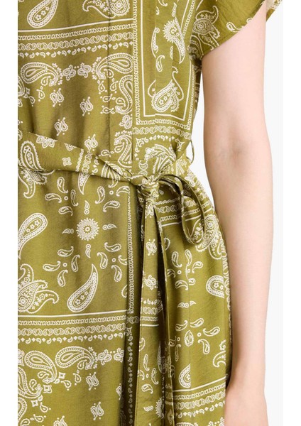 A Kesim Yuvarlak Yaka Desenli Kısa Kollu Midi Elbise F4770AX25AU