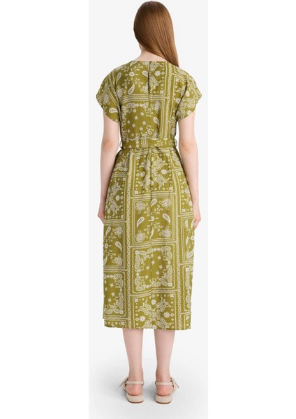 A Kesim Yuvarlak Yaka Desenli Kısa Kollu Midi Elbise F4770AX25AU