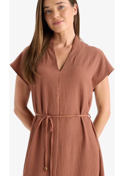 Regular Fit V Yaka Bağlamalı Midi Elbise F4673AX25HS