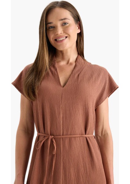 Regular Fit V Yaka Bağlamalı Midi Elbise F4673AX25HS