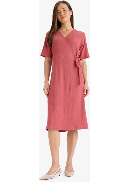 Regular Fit V Yaka Kruvaze Kapama Kısa Kollu Midi Yazlık Elbise F3913AX25HS