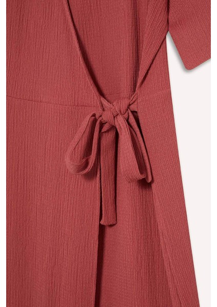 Regular Fit V Yaka Kruvaze Kapama Kısa Kollu Midi Yazlık Elbise F3913AX25HS