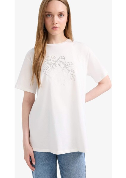 Regular Fit Bisiklet Yaka Baskılı Kısa Kollu Tişört Tunik F5124AX25SM