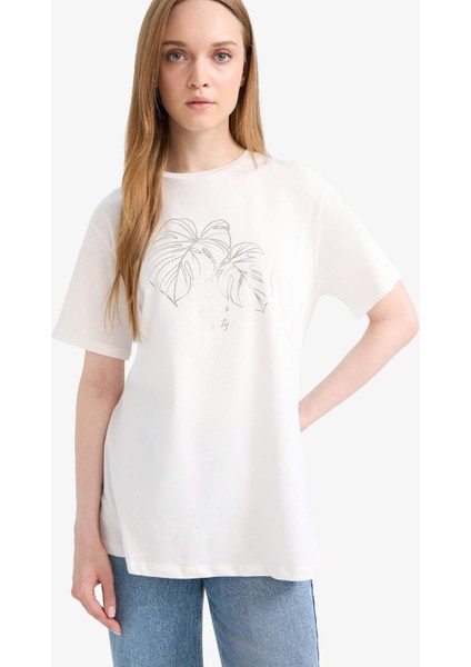 Regular Fit Bisiklet Yaka Baskılı Kısa Kollu Tişört Tunik F5124AX25SM