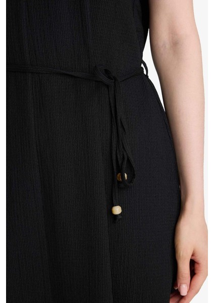 Regular Fit V Yaka Kolsuz Siyah Midi Elbise F4673AX25HS