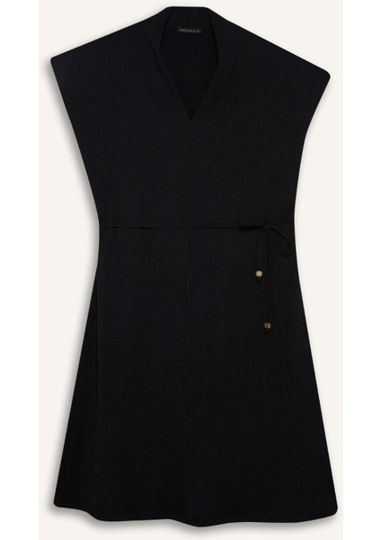 Regular Fit V Yaka Kolsuz Siyah Midi Elbise F4673AX25HS