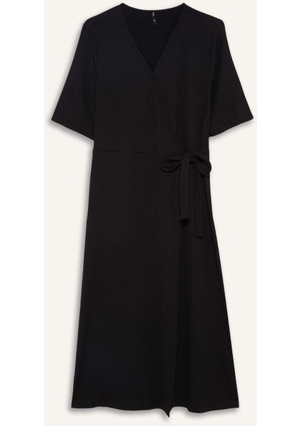 Regular Fit V Yaka Kruvaze Kapama Kısa Kollu Midi Siyah Yazlık Elbise F3913AX25HS