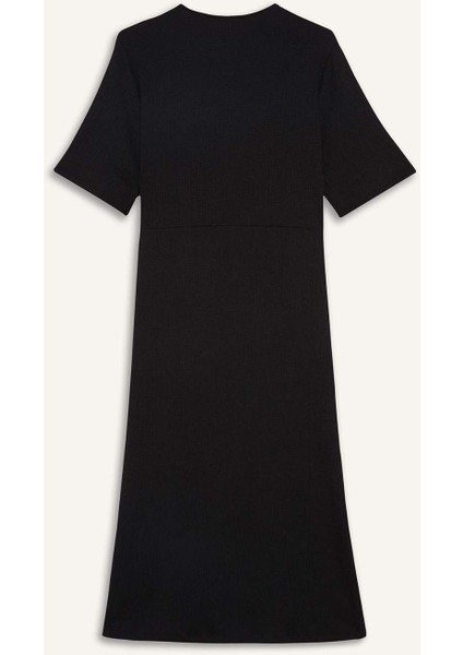 Regular Fit V Yaka Kruvaze Kapama Kısa Kollu Midi Siyah Yazlık Elbise F3913AX25HS