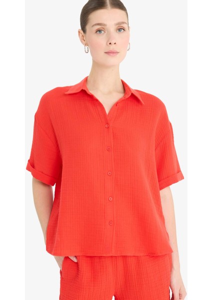 Regular Fit Müslin Kısa Kollu Kırmızı Gömlek F0884AX25SM