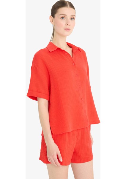 Regular Fit Müslin Kısa Kollu Kırmızı Gömlek F0884AX25SM