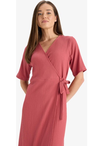 Regular Fit V Yaka Kruvaze Kapama Kısa Kollu Midi Yazlık Elbise F3913AX25HS