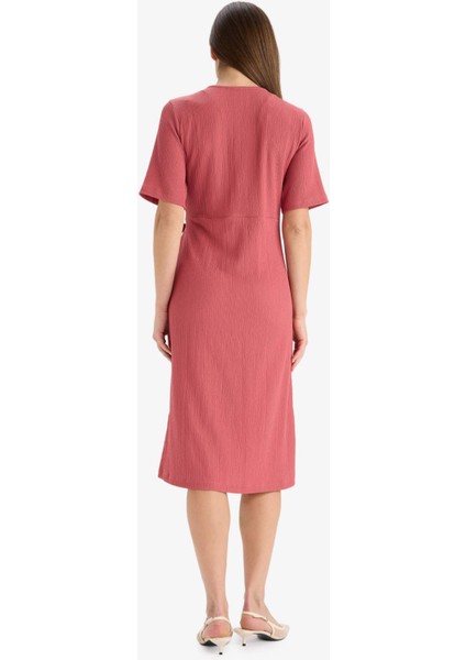 Regular Fit V Yaka Kruvaze Kapama Kısa Kollu Midi Yazlık Elbise F3913AX25HS