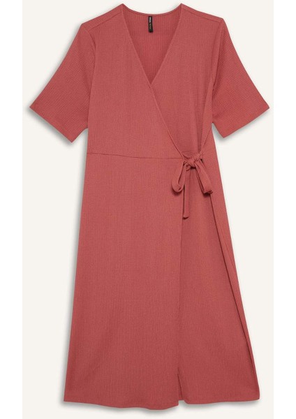 Regular Fit V Yaka Kruvaze Kapama Kısa Kollu Midi Yazlık Elbise F3913AX25HS