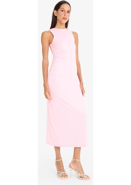 Bodycon Vücudu Saran Kayık Yaka Kısa Kollu Maxi Yazlık Elbise F5363AX25SM