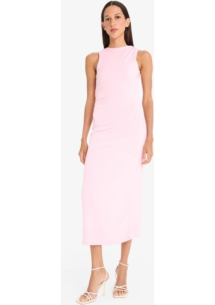 Bodycon Vücudu Saran Kayık Yaka Kısa Kollu Maxi Yazlık Elbise F5363AX25SM