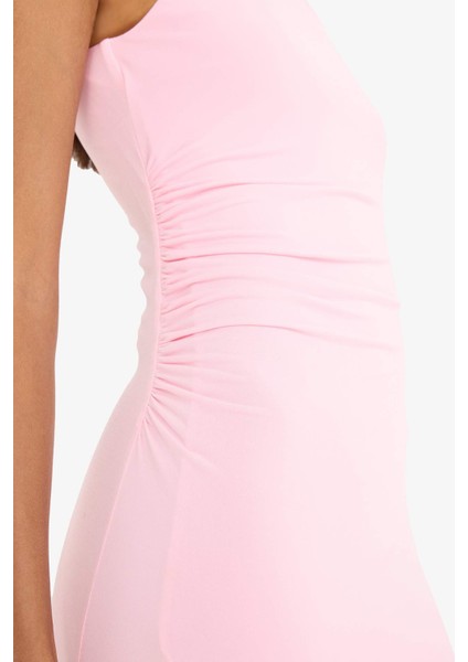 Bodycon Vücudu Saran Kayık Yaka Kısa Kollu Maxi Yazlık Elbise F5363AX25SM