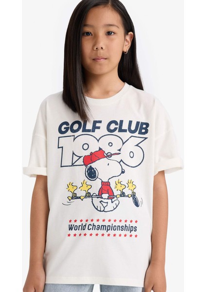 Kız Çocuk Snoopy Oversize Geniş Kalıp Bisiklet Yaka Kısa Kollu Tişört