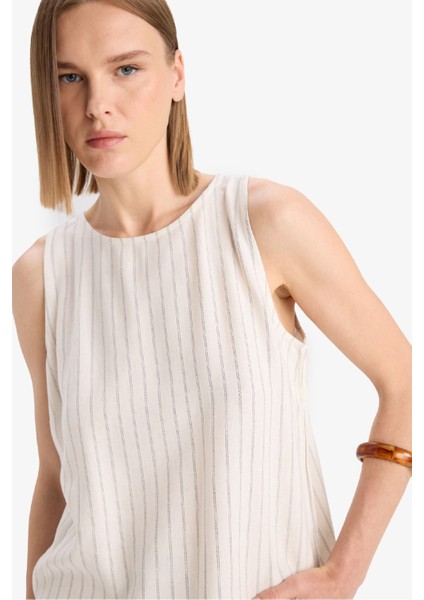 Bisiklet Yaka Çizgili Keten Karışımlı Kolsuz Bluz F0398AX25SP