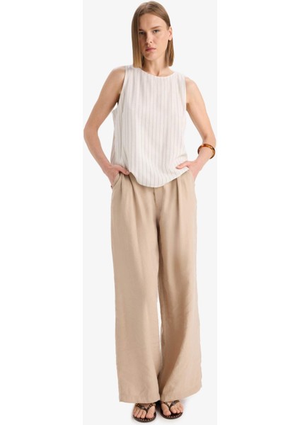 Bisiklet Yaka Çizgili Keten Karışımlı Kolsuz Bluz F0398AX25SP