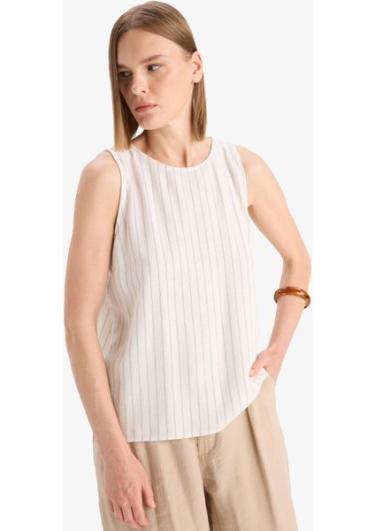 Bisiklet Yaka Çizgili Keten Karışımlı Kolsuz Bluz F0398AX25SP