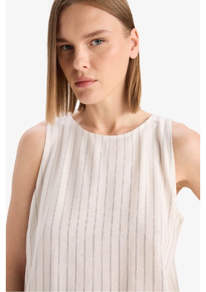 Bisiklet Yaka Çizgili Keten Karışımlı Kolsuz Bluz F0398AX25SP