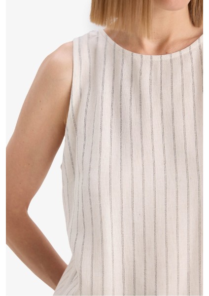 Bisiklet Yaka Çizgili Keten Karışımlı Kolsuz Bluz F0398AX25SP