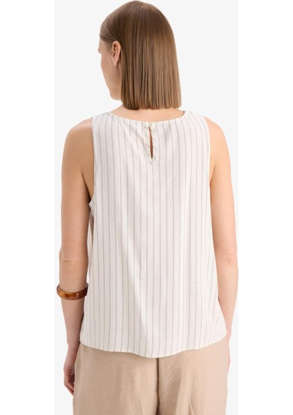 Bisiklet Yaka Çizgili Keten Karışımlı Kolsuz Bluz F0398AX25SP