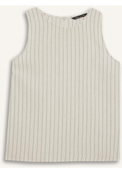 Bisiklet Yaka Çizgili Keten Karışımlı Kolsuz Bluz F0398AX25SP