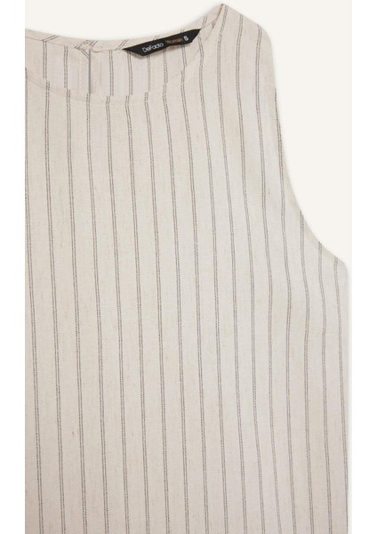 Bisiklet Yaka Çizgili Keten Karışımlı Kolsuz Bluz F0398AX25SP