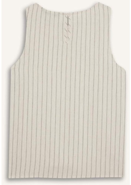 Bisiklet Yaka Çizgili Keten Karışımlı Kolsuz Bluz F0398AX25SP