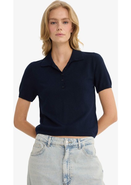 Fitted Polo Yaka Kısa Kollu Triko Kazak F2885AX25AU