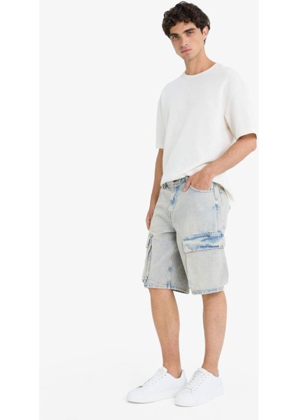 %100 Pamuk Baggy Fit Kargo Cepli Jean Bermuda Şort F5022AX25SM