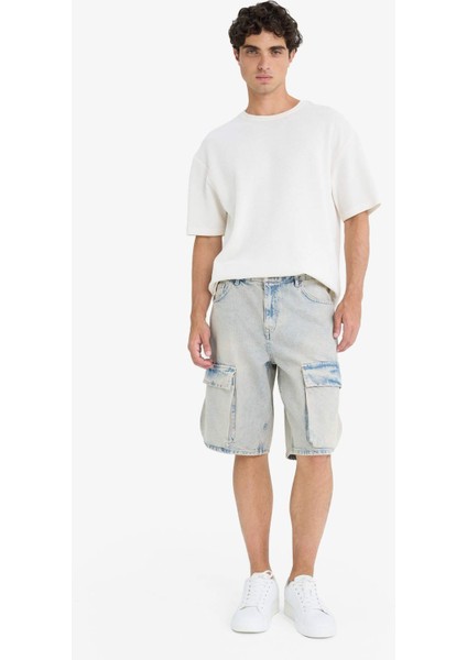 %100 Pamuk Baggy Fit Kargo Cepli Jean Bermuda Şort F5022AX25SM