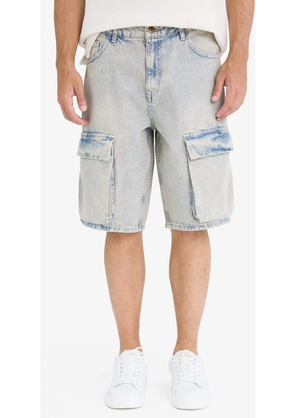 %100 Pamuk Baggy Fit Kargo Cepli Jean Bermuda Şort F5022AX25SM