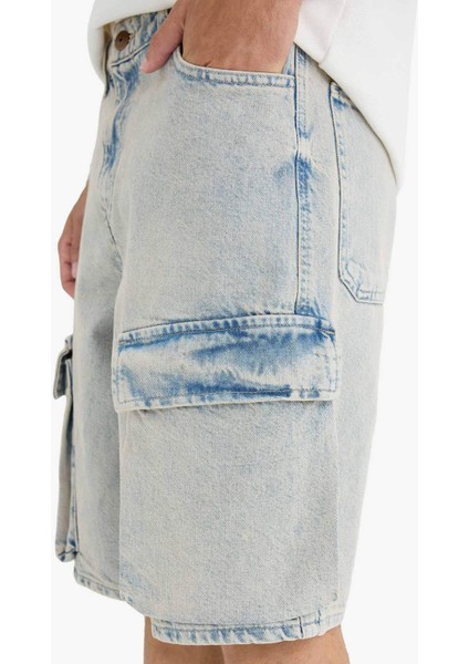%100 Pamuk Baggy Fit Kargo Cepli Jean Bermuda Şort F5022AX25SM