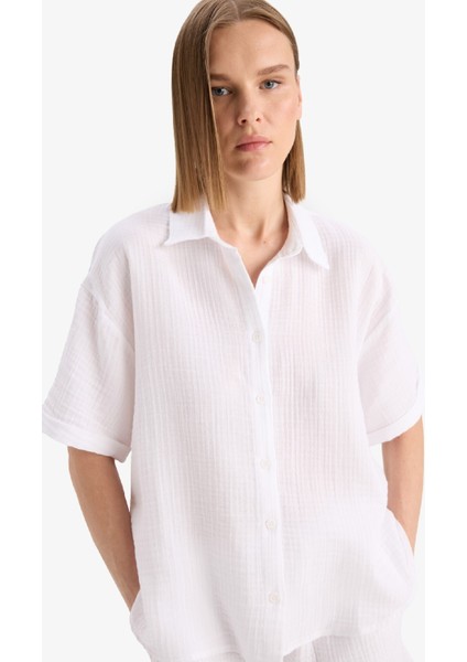 Regular Fit Müslin Kısa Kollu Beyaz Gömlek F0884AX25SM