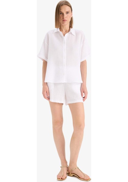 Regular Fit Müslin Kısa Kollu Beyaz Gömlek F0884AX25SM